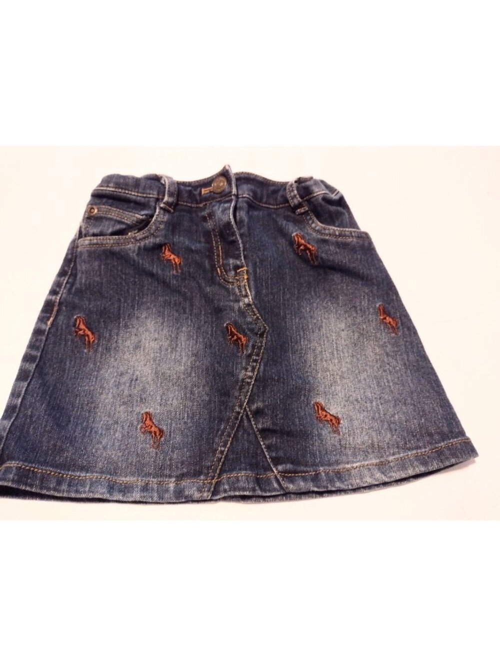Embroidered Horses Girls Denim Skirt 4 Blue Equestrian Cowgirl Faded Pockets